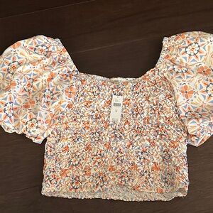 Dolan Orange and Blue Floral Puff Sleeve Blouse